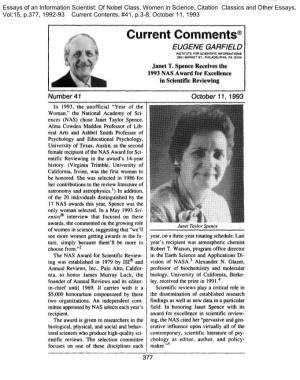 Janet T. Spence Receives the 1993 NAS Award for Excellence in Scientific Reviewing