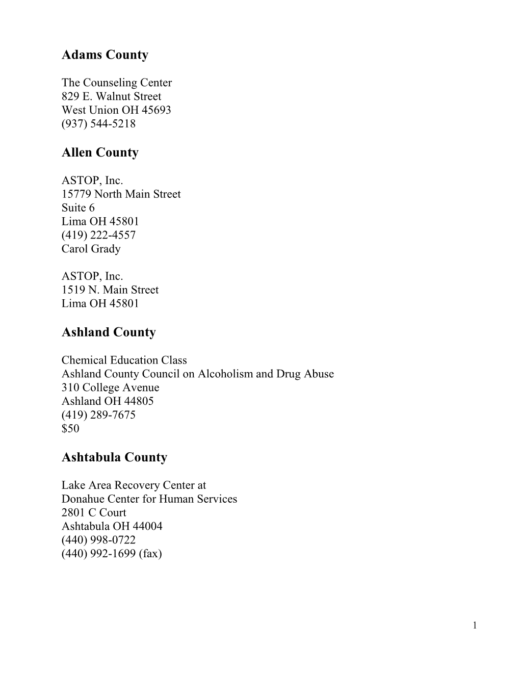 Counseling by County