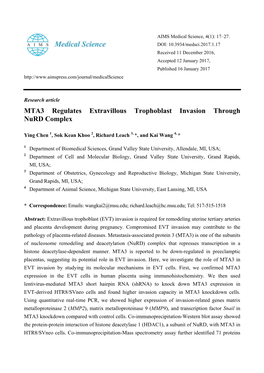 MTA3 Regulates Extravillous Trophoblast Invasion Through Nurd Complex