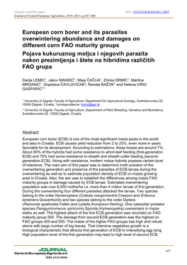 European Corn Borer and Its Parasites Overwintering Abundance and Damages on Different Corn FAO Maturity Groups Pojava Kukuruzno