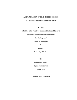 An Examination of Leaf Morphogenesis in the Moss, Physcomitrella Patens, in an Oral Examination Held on August 30, 2011