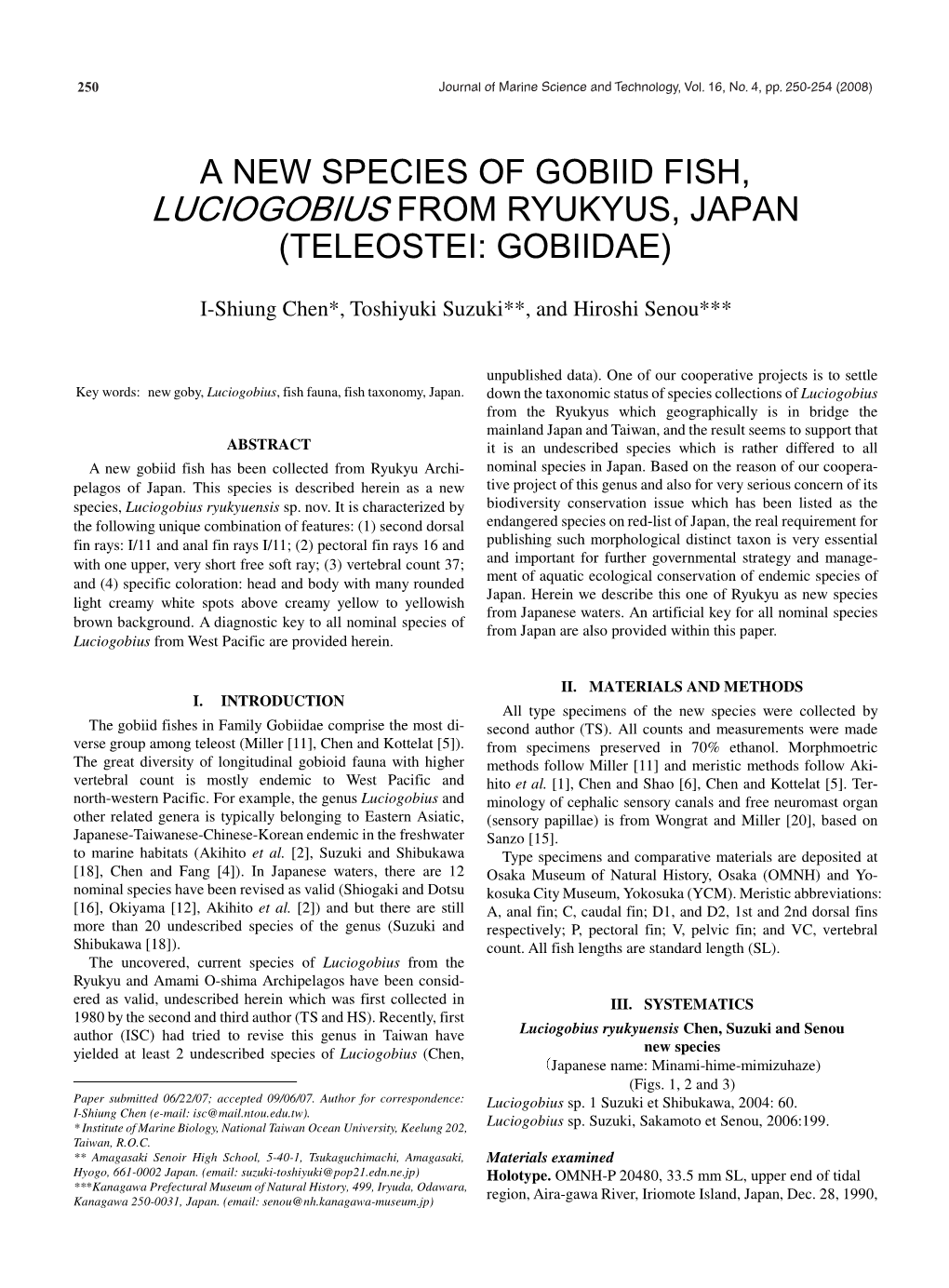 A New Species of Gobiid Fish, Luciogobius from Ryukyus, Japan (Teleostei: Gobiidae)