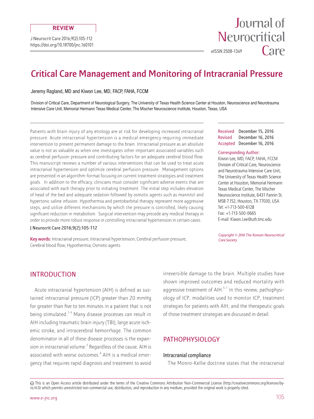 Critical Care Management and Monitoring of Intracranial Pressure