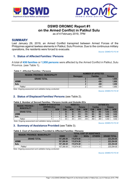 DSWD DROMIC Report #1 on the Armed Conflict in Patikul Sulu As of 4 February 2019, 7PM