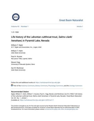 Life History of the Lahontan Cutthroat Trout, Salmo Clarki Henshawi, in Pyramid Lake, Nevada