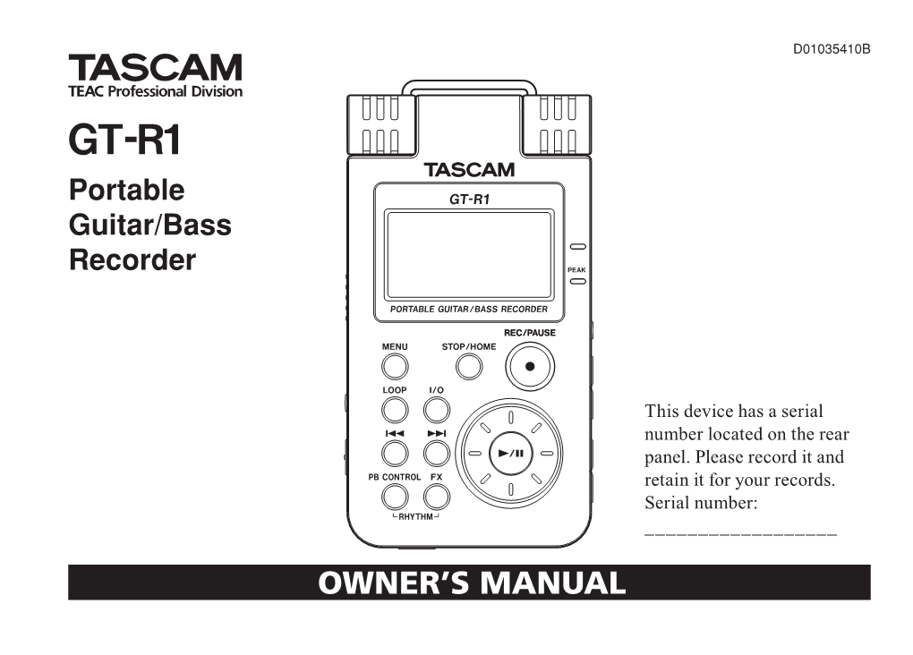 TASCAM GT-R1 Owner's Manual