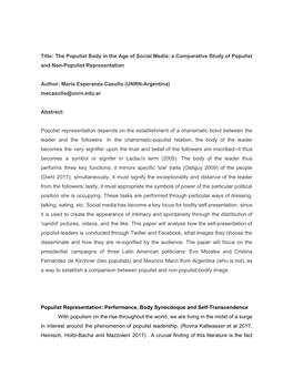 Title: the Populist Body in the Age of Social Media: a Comparative Study of Populist and Non-Populist Representation