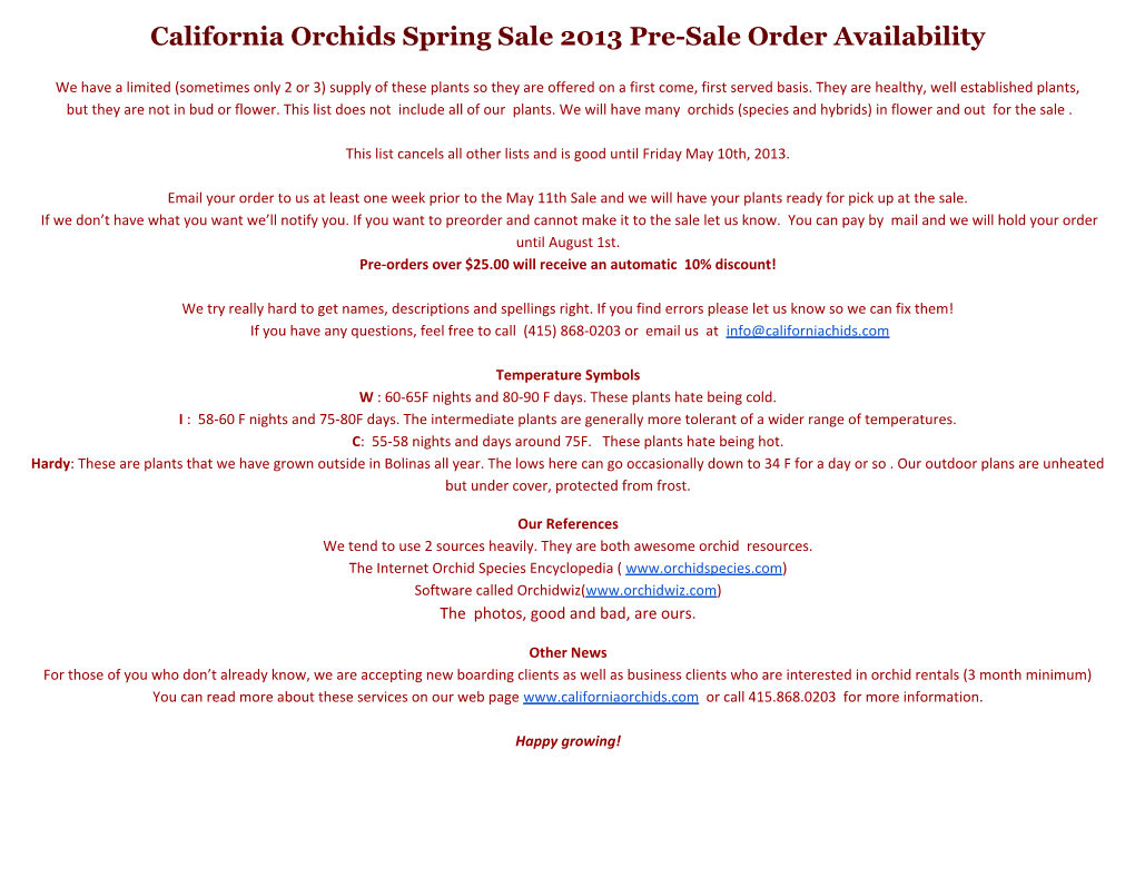 California Orchids Spring Sale 2013 Pre-Sale Order Availability