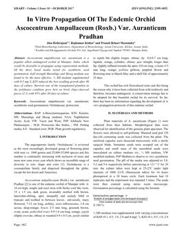 In Vitro Propagation of the Endemic Orchid Ascocentrum Ampullaceum (Roxb.) Var