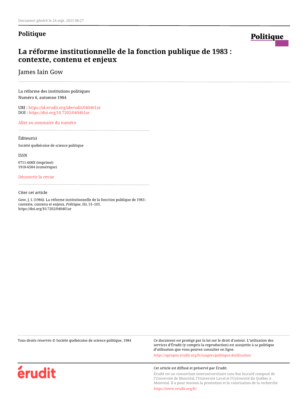 La Réforme Institutionnelle De La Fonction Publique De 1983 : Contexte, Contenu Et Enjeux James Iain Gow