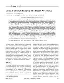 Ethics in Clinical Research: the Indian Perspective