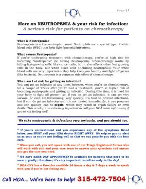 More on NEUTROPENIA & Your Risk for Infection: a Serious Risk for Patients on Chemotherapy