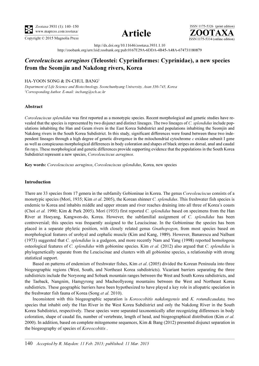 Coreoleuciscus Aeruginos (Teleostei: Cypriniformes: Cyprinidae), a New Species from the Seomjin and Nakdong Rivers, Korea