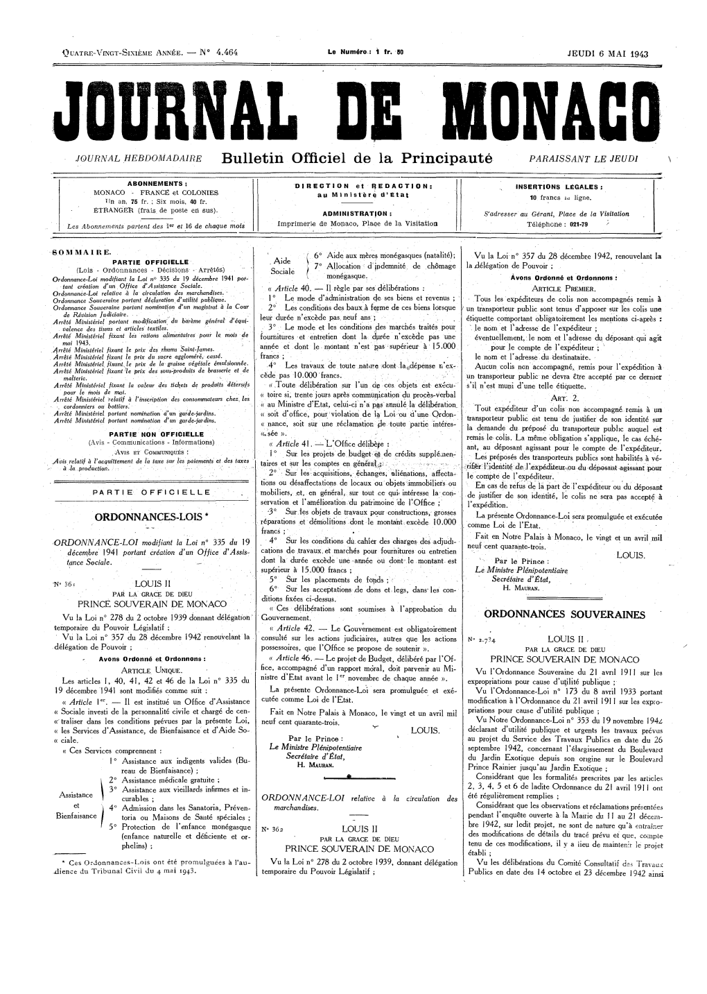 Bulletin Officiel De La Principauté PARAISSANT LE JEUDI