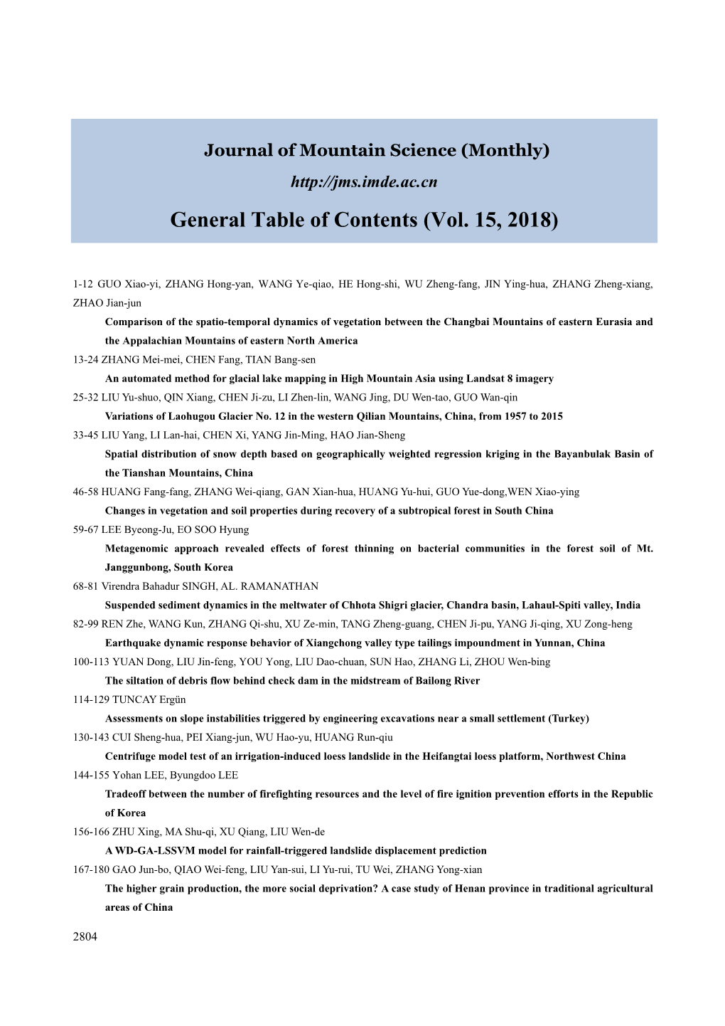 General Table of Contents (Vol. 15, 2018)