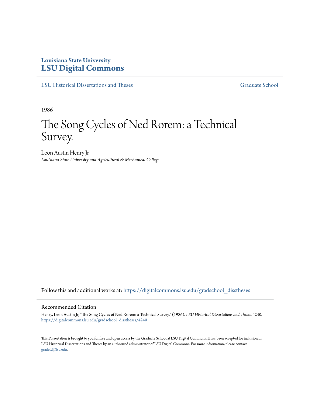 The Song Cycles of Ned Rorem: a Technical Survey