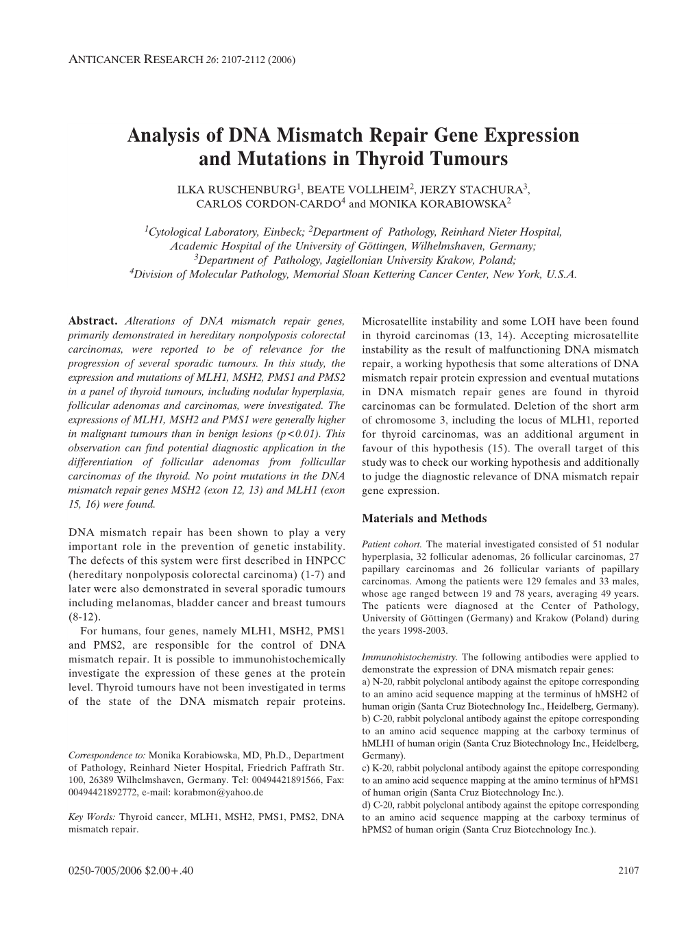 Analysis of DNA Mismatch Repair Gene Expression and Mutations in Thyroid Tumours