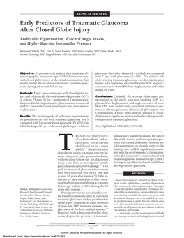 Early Predictors of Traumatic Glaucoma After Closed Globe Injury Trabecular Pigmentation, Widened Angle Recess, and Higher Baseline Intraocular Pressure
