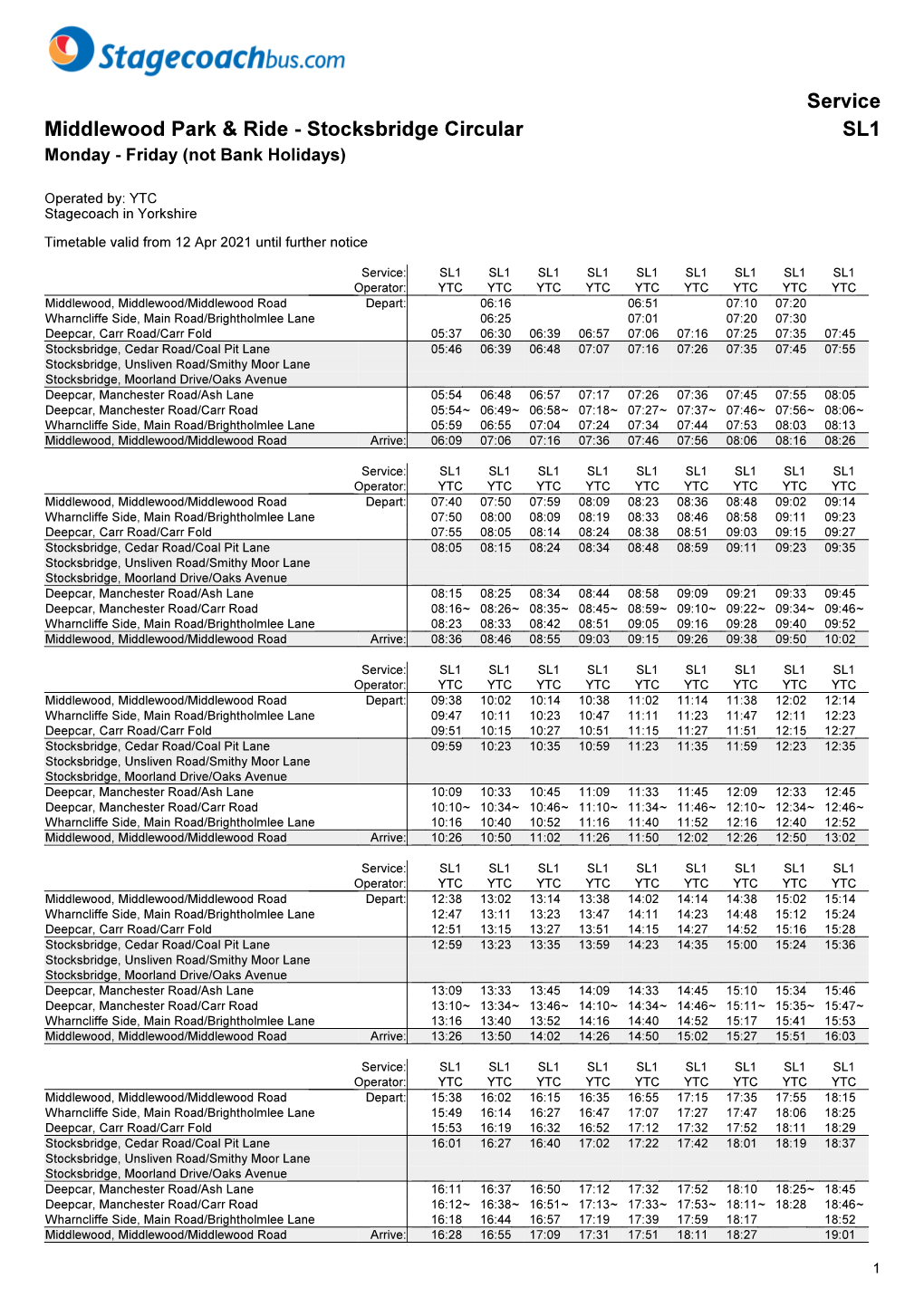 Service Middlewood Park & Ride