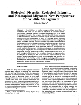 Biological Diversity, Ecological Integrity, and Neotropical Migrants: New Perspectives * for Wildlife Management Brian A