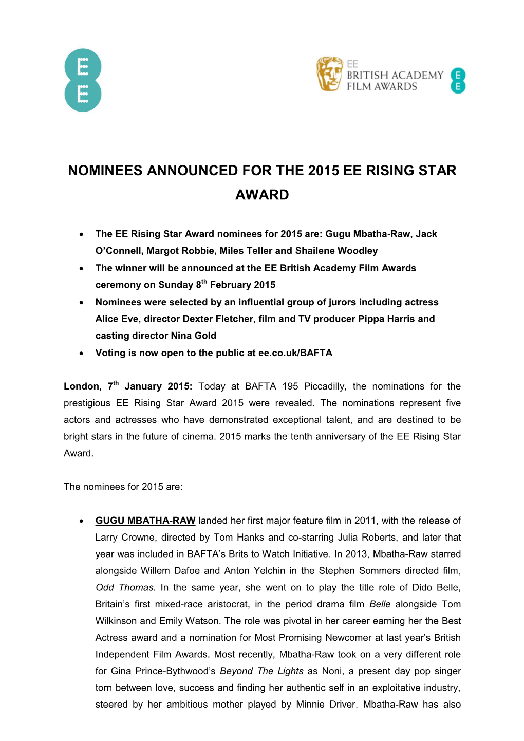 Nominees Announced for the 2015 Ee Rising Star Award