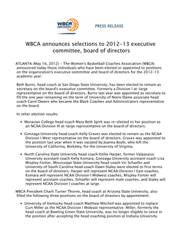 WBCA Announces Selections to 2012-13 Executive Committee, Board of Directors