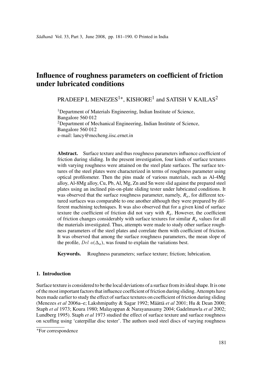 Influence of Roughness Parameters on Coefficient of Friction Under Lubricated Conditions