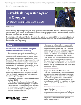 Establishing a Vineyard in Oregon a Quick-Start Resource Guide