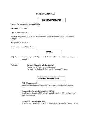 CV of Dr. Muhammad Siddique
