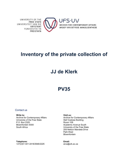 Inventory of the Private Collection of JJ De Klerk PV35