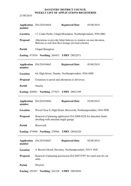 Daventry District Council Weekly List of Applications Registered 23/08/2010