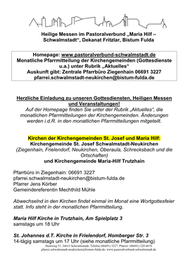 Heilige Messen Im Pastoralverbund „Maria Hilf – Schwalmstadt“, Dekanat Fritzlar, Bistum Fulda