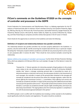 Ficom's Comments on the Guidelines 07/2020 on the Concepts Of