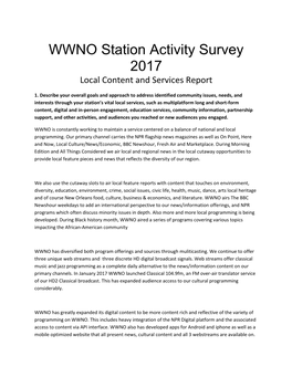 WWNO Station Activity Survey 2017 Local Content and Services Report