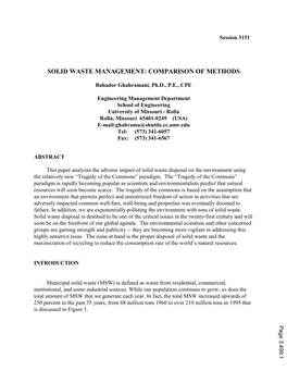 Solid Waste Management: Comparison of Methods