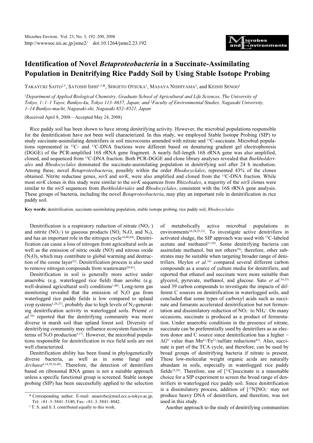 Identification of Novel Betaproteobacteria in a Succinate-Assimilating Population in Denitrifying Rice Paddy Soil by Using Stable Isotope Probing