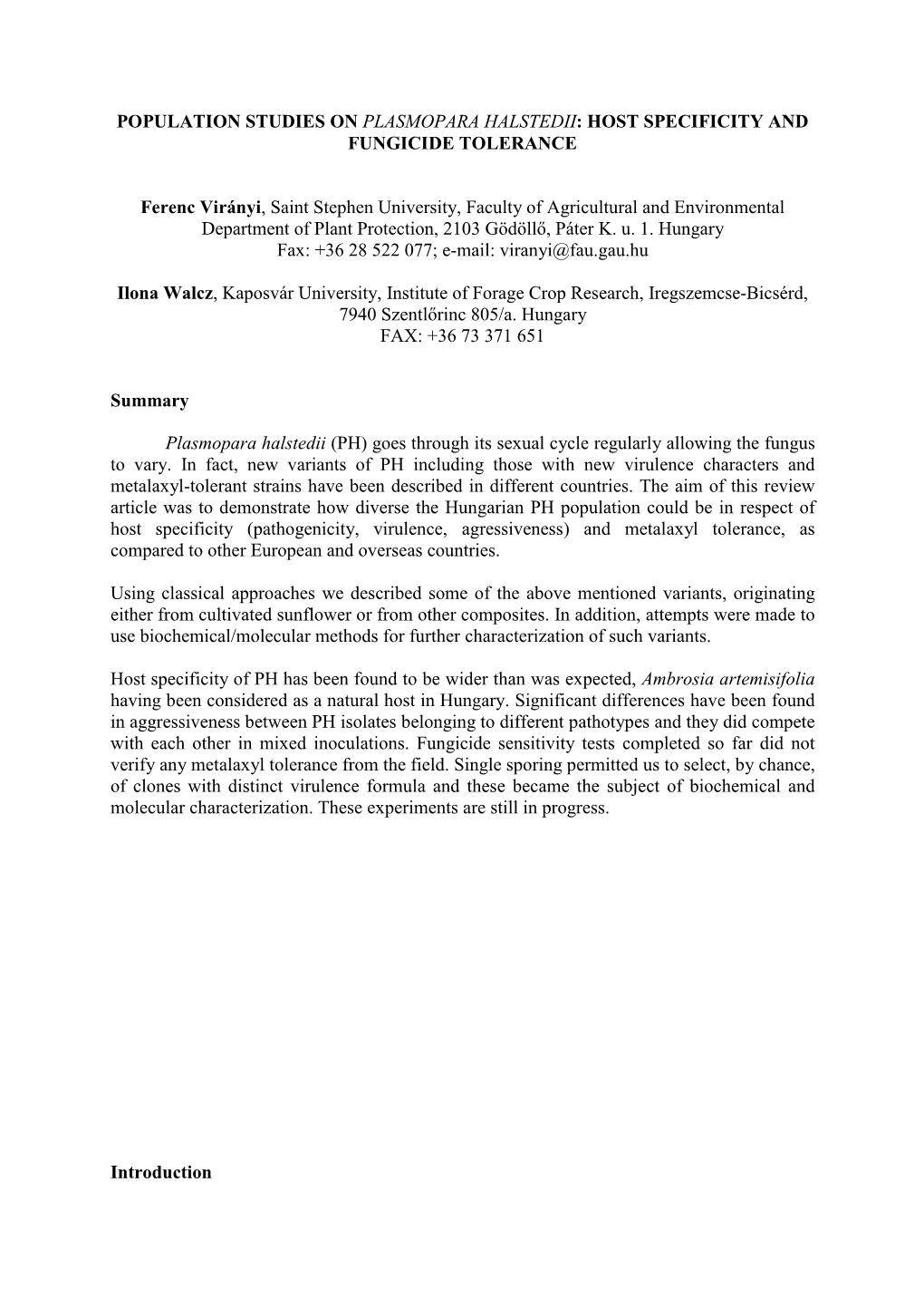 Population Studies on Plasmopara Halstedii: Host Specificity and Fungicide Tolerance