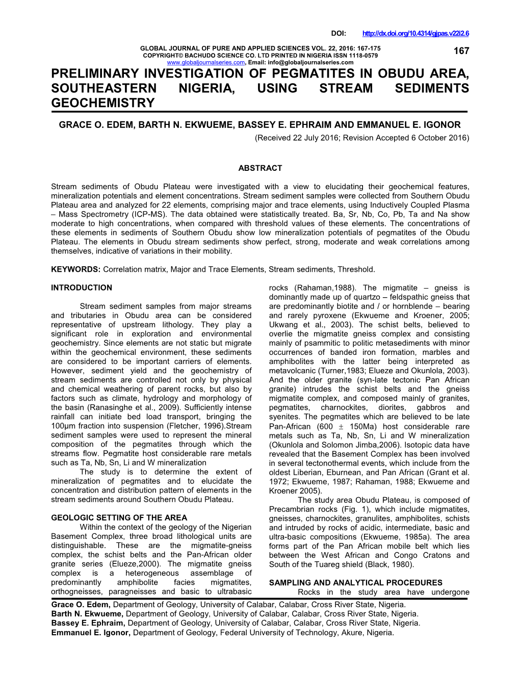 Preliminary Investigation of Pegmatites in Obudu Area, Southeastern Nigeria, Using Stream Sediments Geochemistry