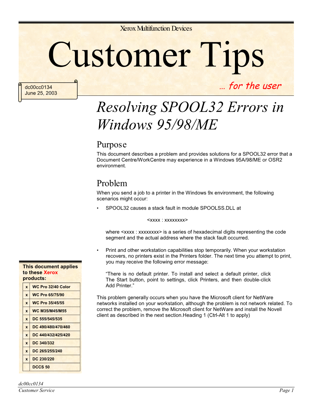 Resolving SPOOL32 Errors in Windows 95/98/ME (PDF, 42