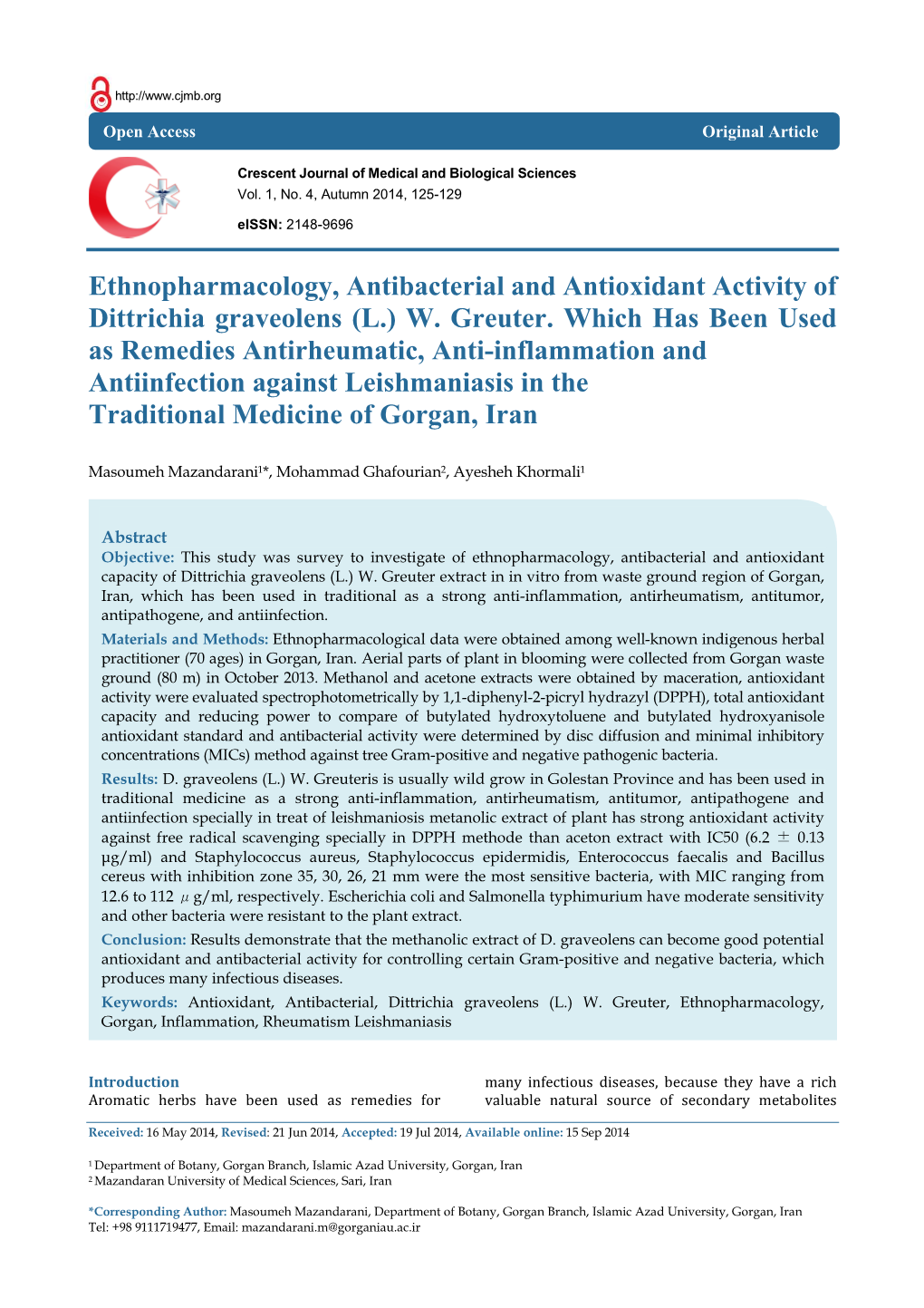 Ethnopharmacology, Antibacterial and Antioxidant Activity of Dittrichia Graveolens (L.) W