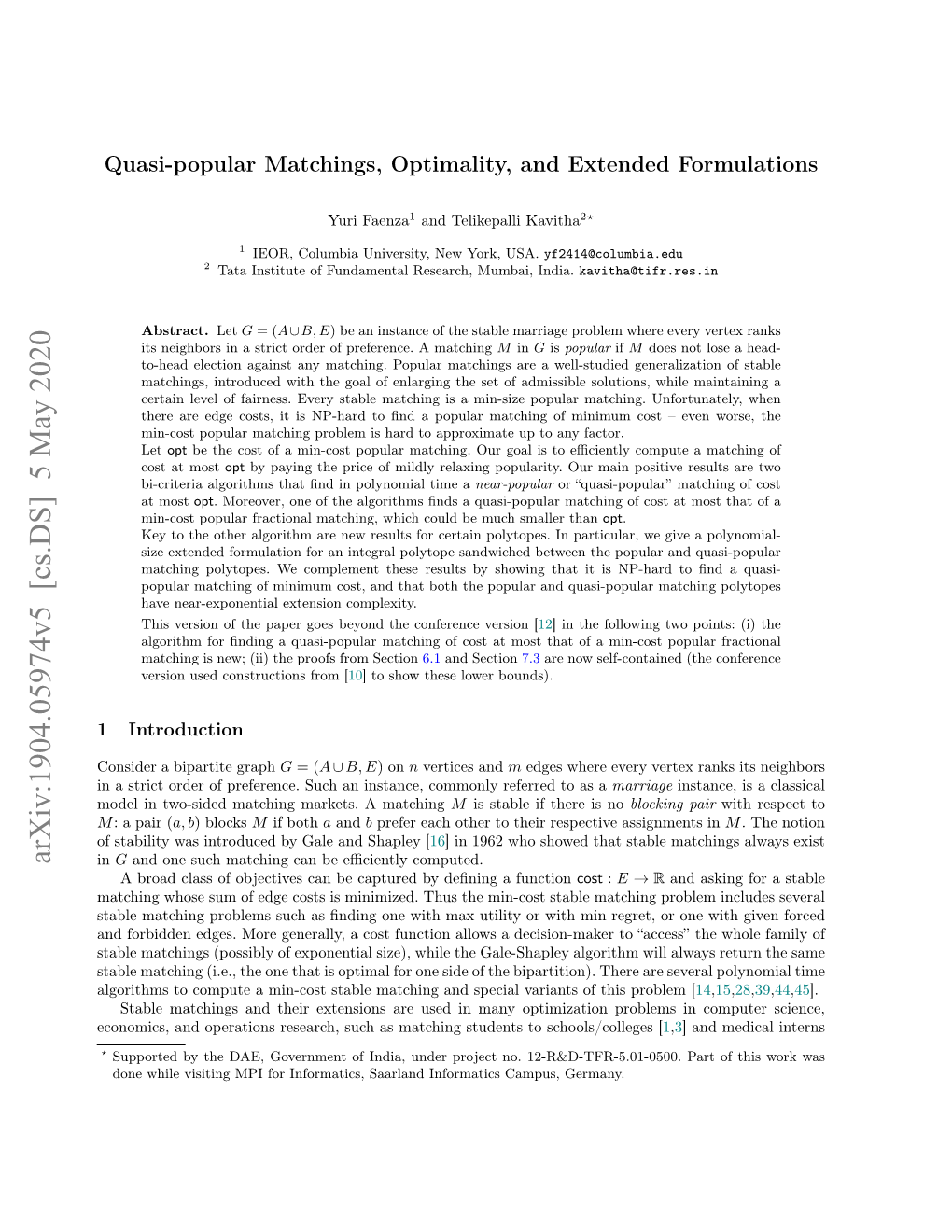 Arxiv:1904.05974V5 [Cs.DS] 5 May 2020 in G and One Such Matching Can Be Eﬃciently Computed