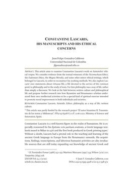 Constantine Lascaris, His Manuscripts and His Ethical