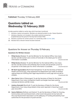 Questions Tabled on Wed 12 Feb 2020