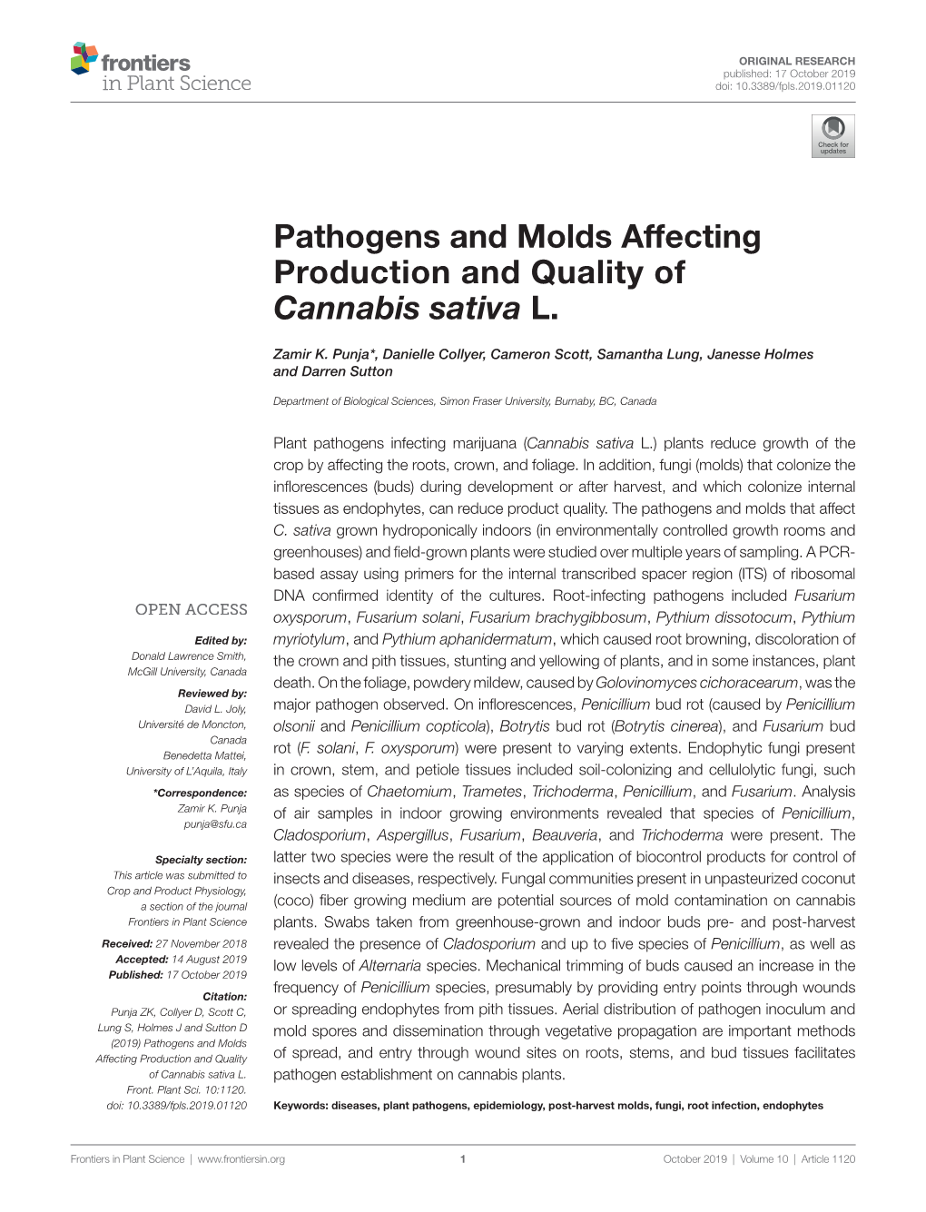 Pathogens and Molds Affecting Production and Quality of Cannabis Sativa L