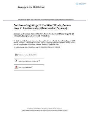 Confirmed Sightings of the Killer Whale, Orcinus Orca, in Iranian Waters (Mammalia: Cetacea)