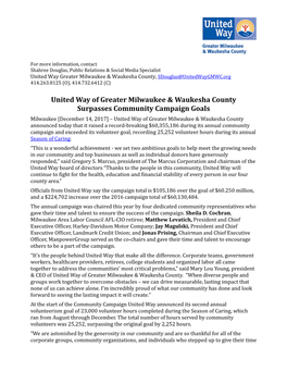 United Way of Greater Milwaukee & Waukesha County Surpasses