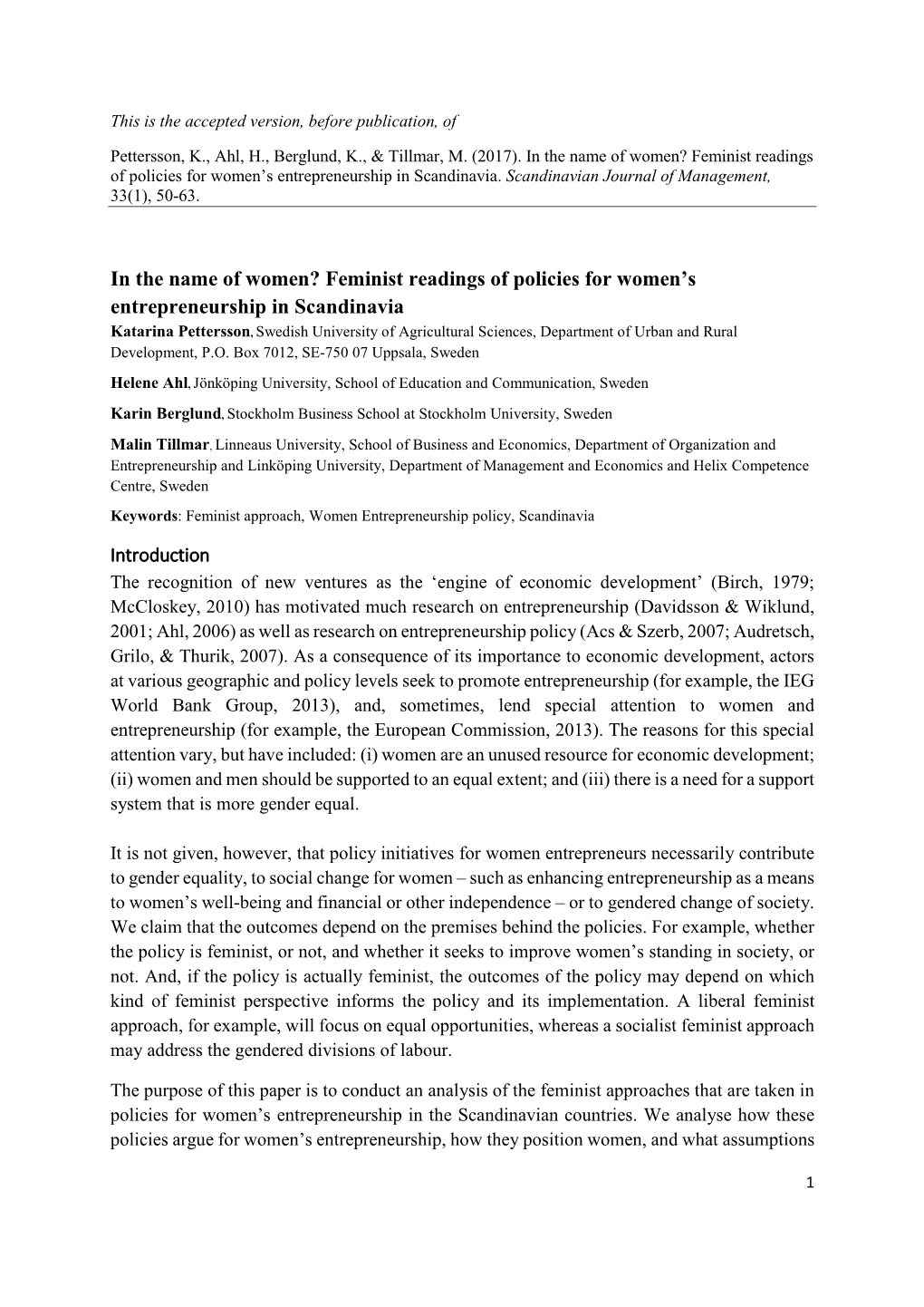 Feminist Readings of Policies for Women's Entrepreneurship In