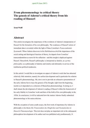 From Phenomenology to Critical Theory the Genesis of Adorno's Critical Theory from His Reading of Husserl