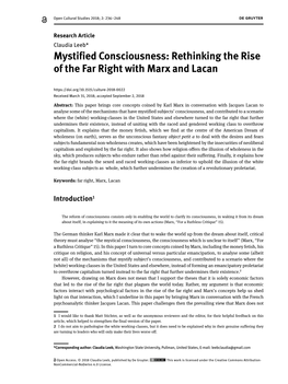 Mystified Consciousness: Rethinking the Rise of the Far Right with Marx and Lacan