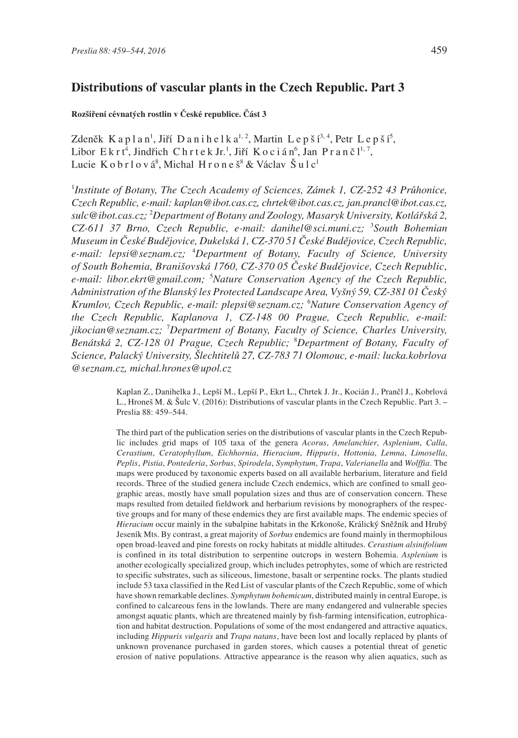 Distributions of Vascular Plants in the Czech Republic. Part 3